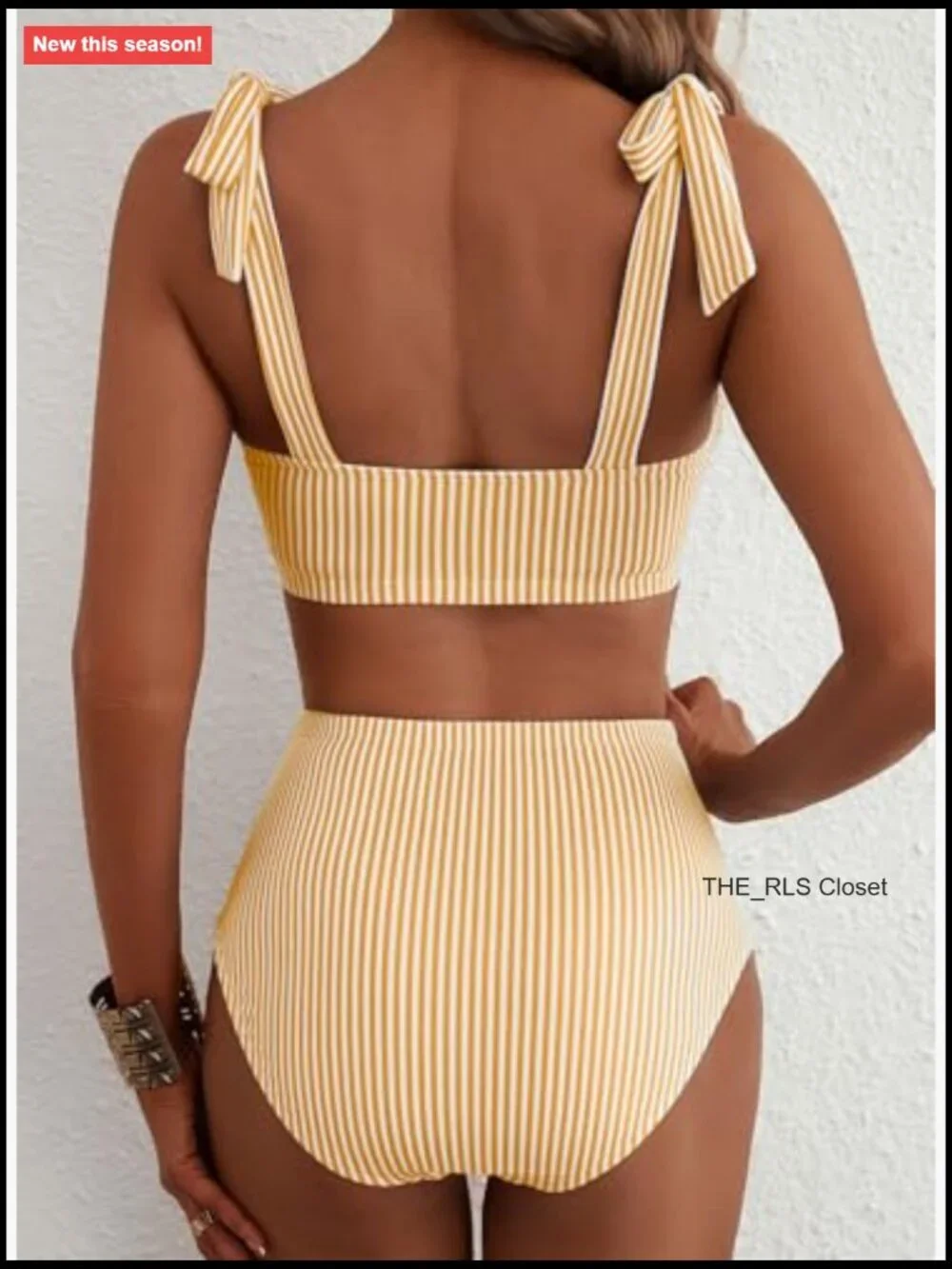 Women's Tie Shoulder Bikini Set High Waisted Striped Swimsuits 2 Piece